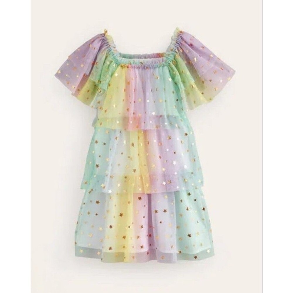 Mini Boden Girl's Tiered Tulle Dress Multi Ombre Gold Foil Star Dress size 6/7